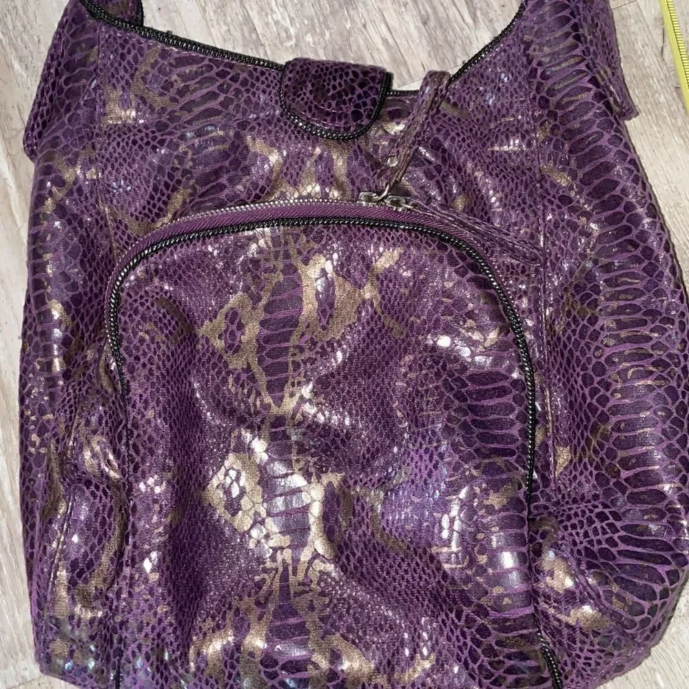 MARK bag by Avon snakeskin purple metallic pattern twisted short drop handle EUC